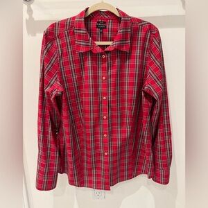Talbots non iron button down Red plaid with touch of gold .